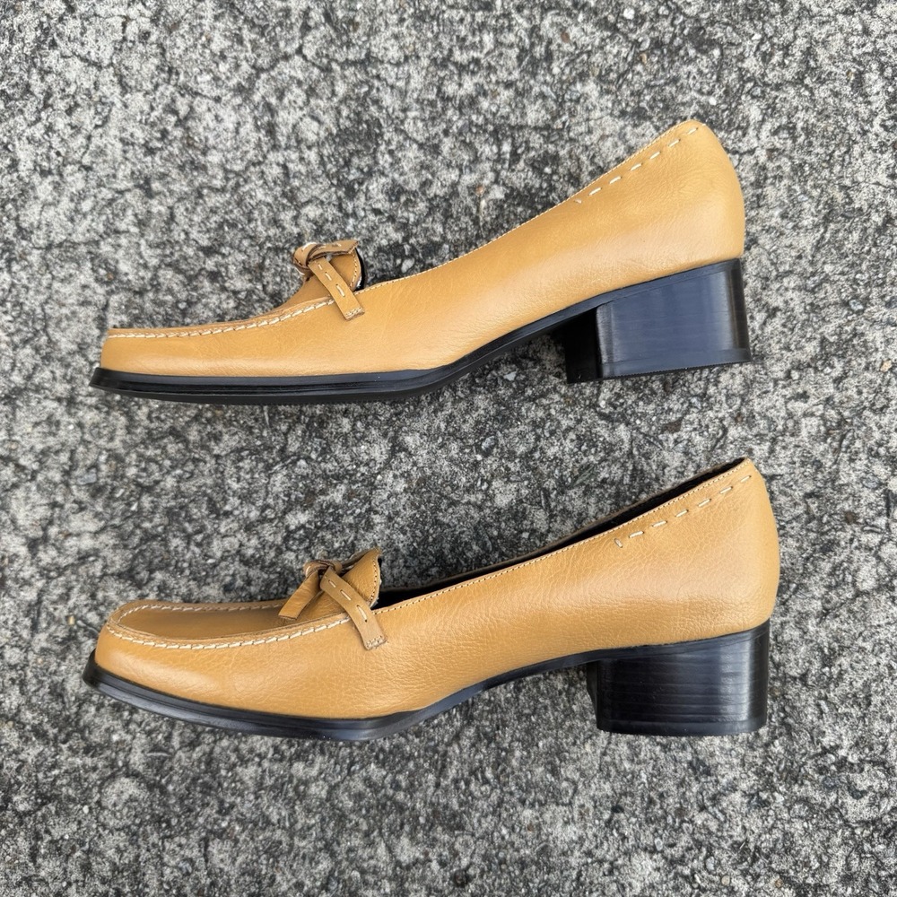 Jennifer Moore Mansfield Tan Leather Loafers Women's Sz 9.5 Block Heel Bow - Picture 7 of 10